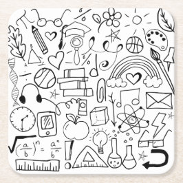 モノクロ落書きスクールアート スクエアペーパーコースター
