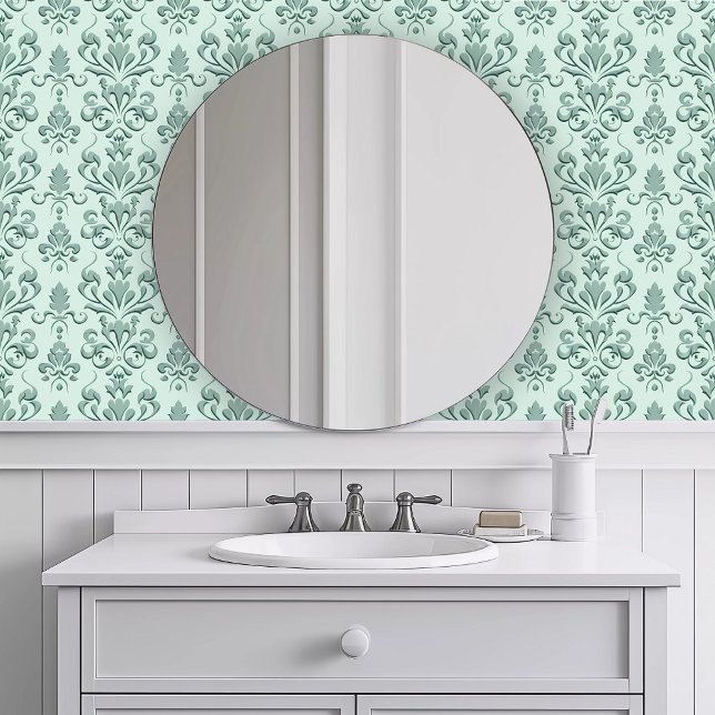 モノクロ詳細ティール（緑がかった色） 壁紙 (Monochromatic Detailed Teal Wallpaper in a white bathroom.)