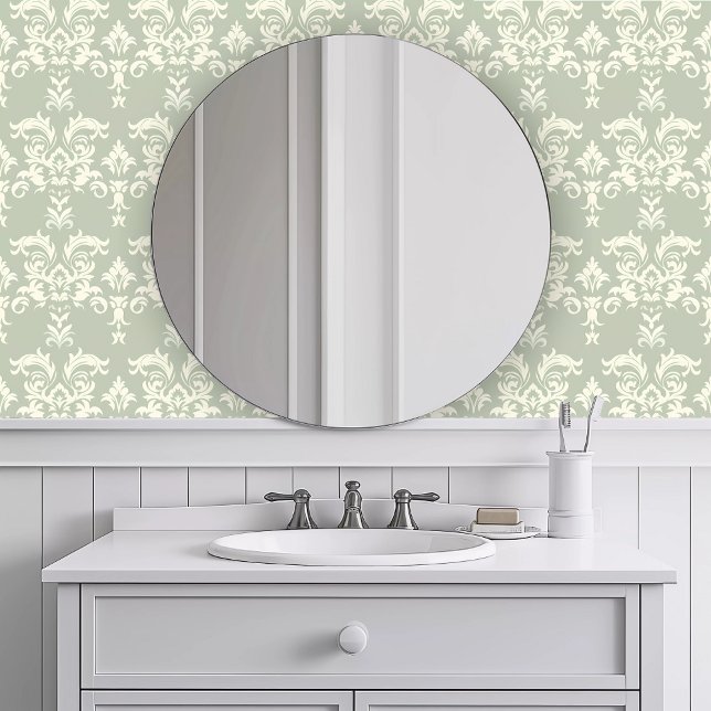 モノクロ詳細緑 壁紙 (Monochromatic Detailed Green Wallpaper in a white bathroom.)
