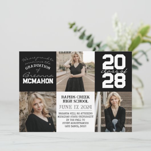 モノクロ4枚の写真卒業のお知らせ 招待状 (スタンド正面)