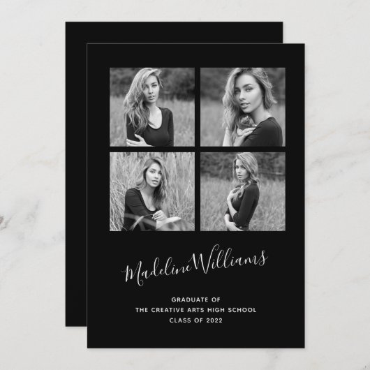 モノクロ4枚の写真卒業のお知らせ 案内状 (正面/裏面)