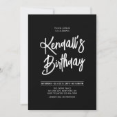 モノクロ おしゃれなカリグラフィー スクリプト 誕生日パーティー 招待状 (正面)