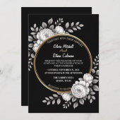 モノクロ エレガント フラワー ウェディング 招待状 (正面/裏面)