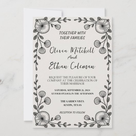 モノクロ エレガント フラワー ウェディング 招待状 (正面)
