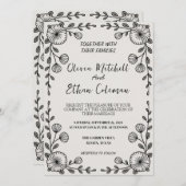 モノクロ エレガント フラワー ウェディング 招待状 (正面/裏面)