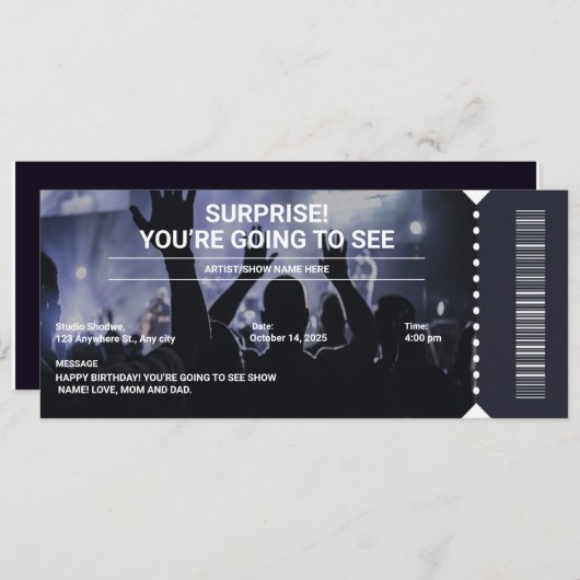 モノクロ サプライズコンサートチケット ギフト 招待状 (正面/裏面)
