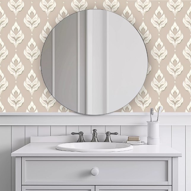 モノクロ ニュートラル フラワーリ 壁紙 (Monochromatic Neutral Floral Wallpaper in a white bathroom.)