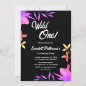 モノクロ ネオン 花 1歳 誕生日 招待状 (正面)