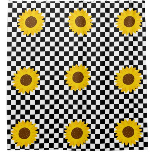 モノクロ ハスの花 チェック 花柄 シャワーカーテン (正面)