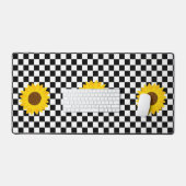 モノクロ ハスの花 チェック 花柄 デスクマット (キーボード&マウス)