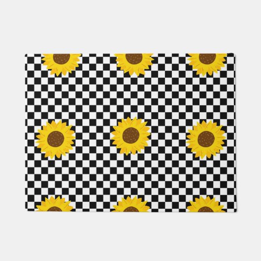 モノクロ ハスの花 チェック 花柄 ドアマット (正面)