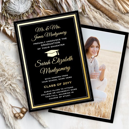 モノクロ&フォイルの写真卒業発表 箔招待状