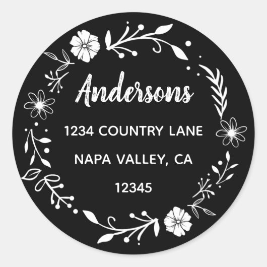 モノクロ フラワー リース 宛名ラベル ラウンドシール (正面)