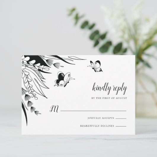 モノクロ ペン インク 蝶 ボタニカル 出欠カード (スタンド正面)