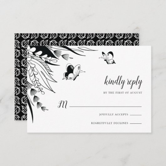 モノクロ ペン インク 蝶 ボタニカル 出欠カード (正面/裏面)