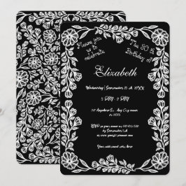 モノクロ ボタニカル フローラル 30歳の誕生日 招待状