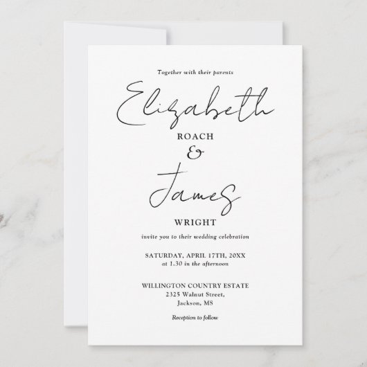 モノクロ ミニマル エレガント QR コード ウェディング 招待状 (正面)