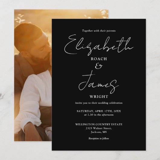 モノクロ ミニマル スクリプト フォト ウェディング 招待状 (正面/裏面)