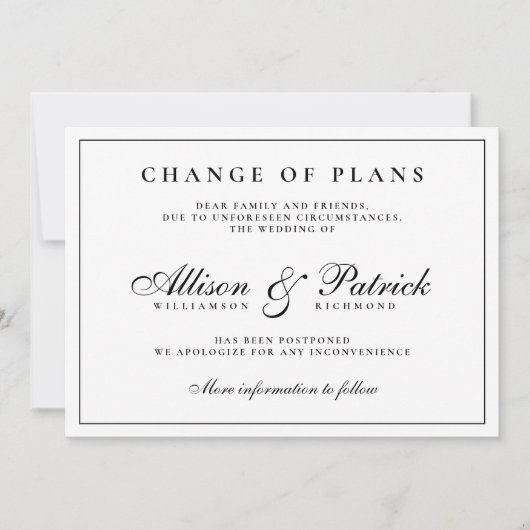 モノクロ ミニマル 延期 結婚式 案内状 (正面)