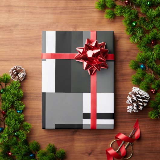 モノクロ モンドリアンスタイル抽象幾何学 ラッピングペーパー (クリスマスギフト)