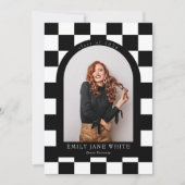 モノクロ レトロ チェック柄 アーチ クラシック フォト 卒業式 招待状 (正面)