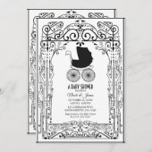 モノクロ ヴィンテージ カート デコ ベビーシャワー 招待状 (正面/裏面)