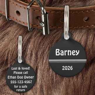 モノクロ – 名前、日付、電話詳細 ペット　ネームタグ