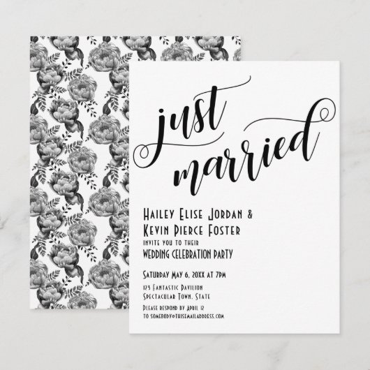 モノクロ 結婚 Typography Peonies 招待状 (正面/裏面)