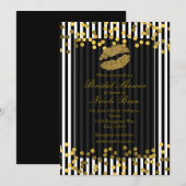 モノクロ 縦ストライプ ゴールドリップス キス 招待状 (正面/裏面)