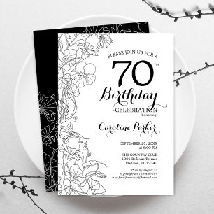 モノクロ 花柄 70歳の誕生日パーティー 招待状
