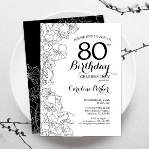 モノクロ 花柄 80歳の誕生日パーティー 招待状