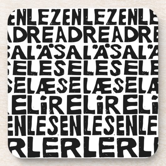 モノクロ「読む」８カ国語 リノカット コースター (正面)