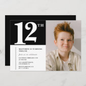 モノクロ 12歳の誕生日招待状 おしゃれ フォト 招待状 (正面/裏面)