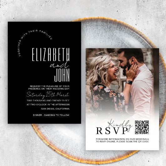 モノクロQRコードRSVPモダン写真結婚式 招待状