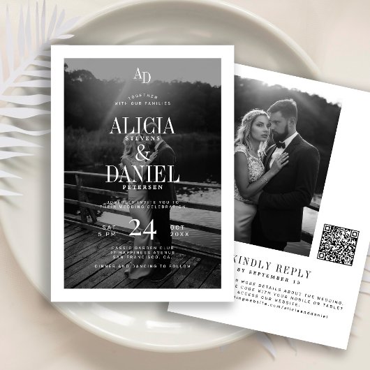 モノクロQRコードRSVP結婚式フォト 招待状