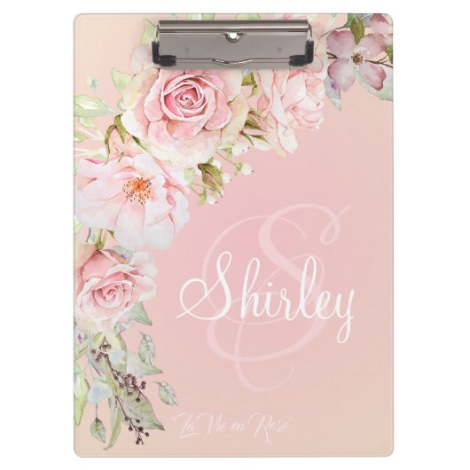 モノグエレガントラムピンク水彩バラ クリップボード (正面)