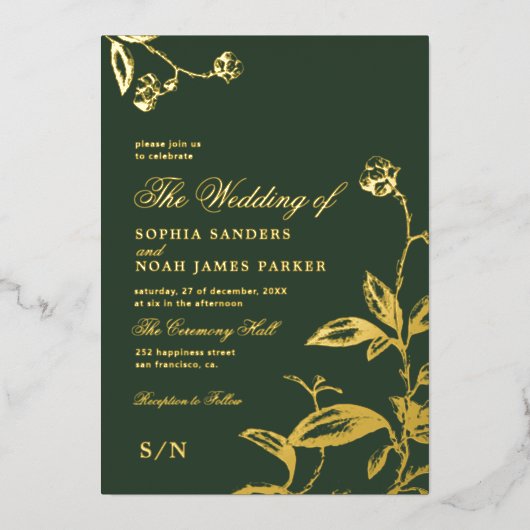 モノグエレガントラモダンム結婚の暗緑色金ゴールド 箔招待状 (正面)