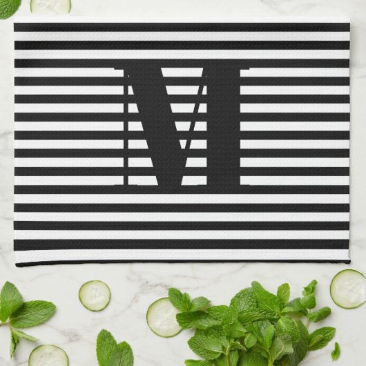 モノグカスタマイズラムイニシャル白黒ストライプ キッチンタオル (折り畳み)