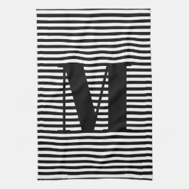モノグカスタマイズラムイニシャル白黒ストライプ キッチンタオル