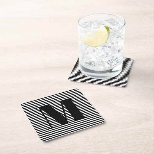 モノグカスタマイズラムイニシャル白黒ストライプ スクエアペーパーコースター (インサイチュ)