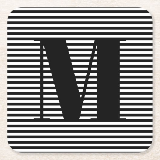 モノグカスタマイズラムイニシャル白黒ストライプ スクエアペーパーコースター (正面)