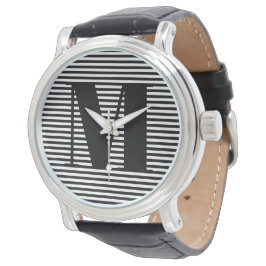 モノグカスタマイズラムイニシャル白黒ストライプ 腕時計