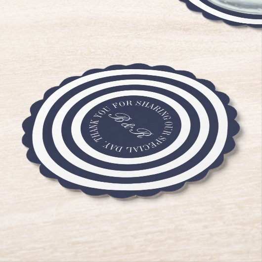 モノグカスタムラはっきりしたムのネイビーストライプブルー結婚 ペーパーコースター (アングル)