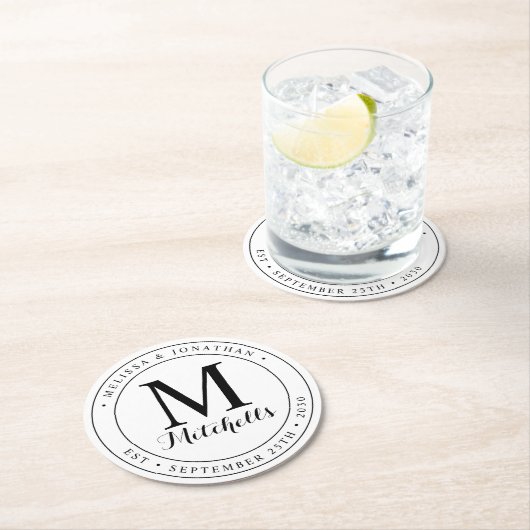 モノグパーソナライズされたラム名の日結婚付 ラウンドペーパーコースター (インサイチュ)