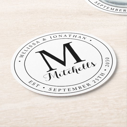 モノグパーソナライズされたラム名の日結婚付 ラウンドペーパーコースター (アングル)