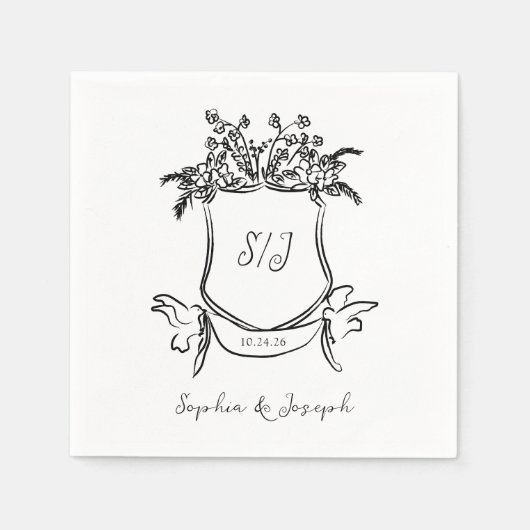 モノグラお洒落ムの手描きクレスト付結婚き スタンダードカクテルナプキン (正面)