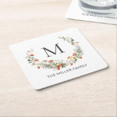 モノグラお洒落ム水色フローラ植物学 スクエアペーパーコースター (アングル)