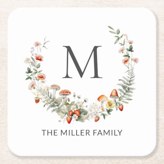 モノグラお洒落ム水色フローラ植物学 スクエアペーパーコースター (正面)