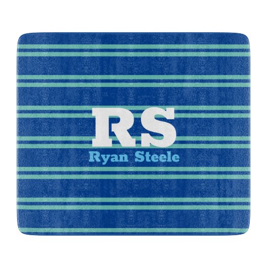 モノグラはっきりしたムと名前、中古ティール（緑がかった色）ライン深い青 カッティングボード (正面)