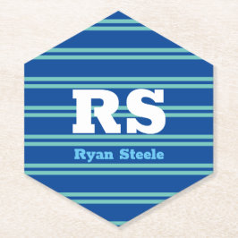 モノグラはっきりしたムと名前、中古ティール（緑がかった色）ライン深い青 ペーパーコースター